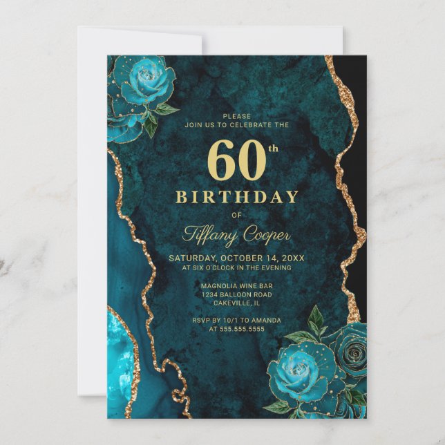 Gold Teal Agate 60th Birthday Invitation (Front)