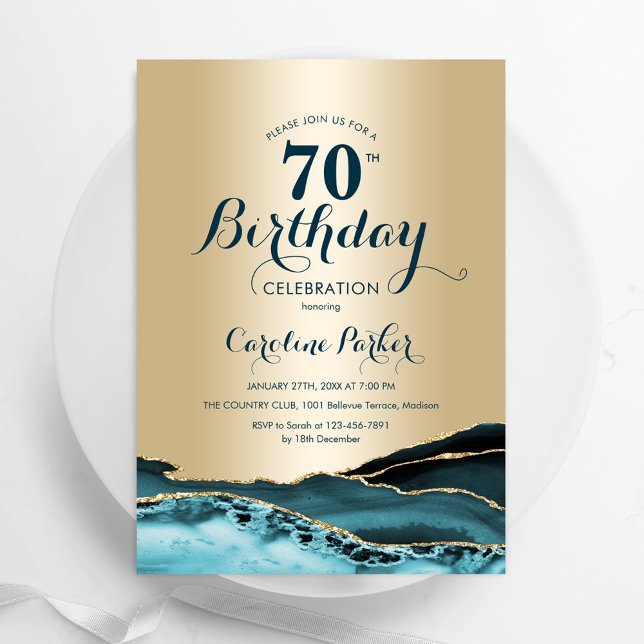 Gold Teal Agate 70th Birthday Invitation (Creator Uploaded)