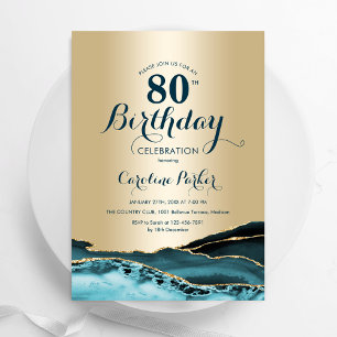 Gold Teal Agate 80th Birthday Invitation