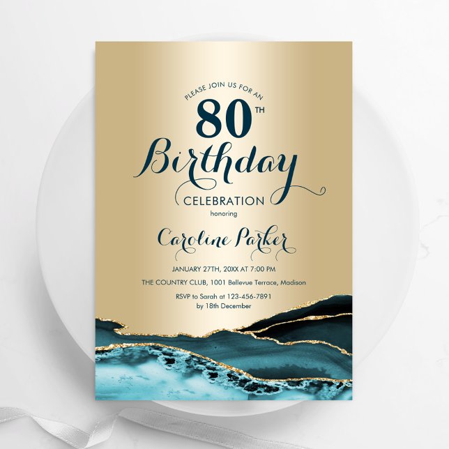 Gold Teal Agate 80th Birthday Invitation (Creator Uploaded)