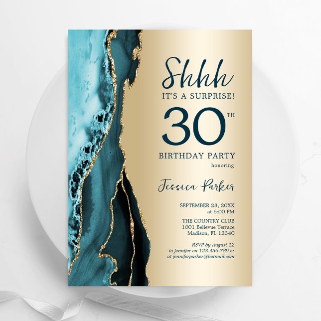 Gold Teal Agate Surprise 30th Birthday Invitation (Creator Uploaded)