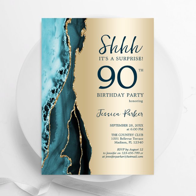 Gold Teal Agate Surprise 90th Birthday Invitation (Creator Uploaded)