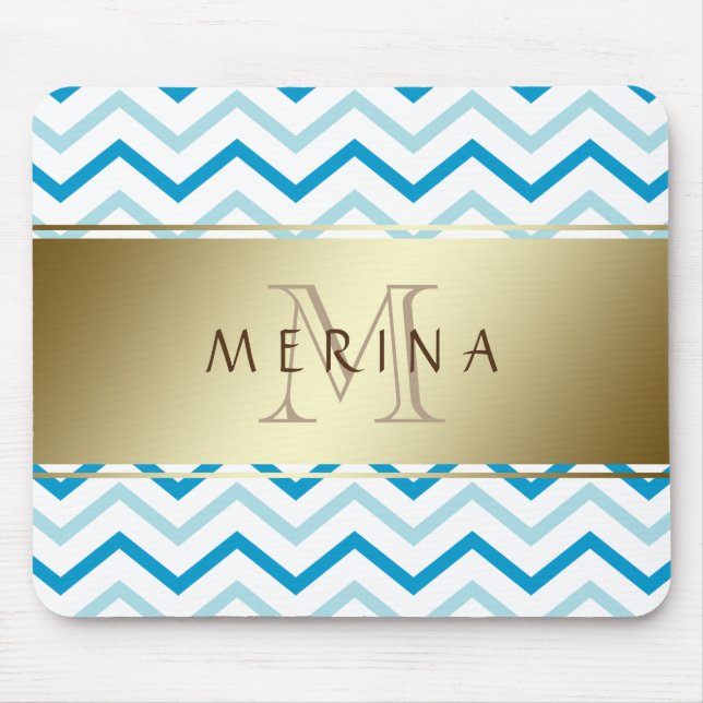 Gold Teal Beach Chevron Pattern Monogram Mouse Pad (Front)