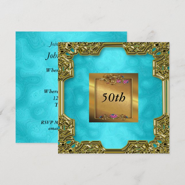 Gold Teal Birthday Party Invitations (Front/Back)