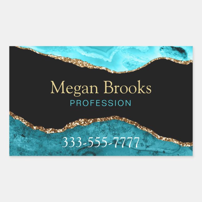 Gold Teal Black Agate, Name, Occupation Phone Rect Rectangular Sticker (Front)