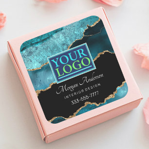 Gold Teal & Black Agate, Your Logo Business Square Sticker