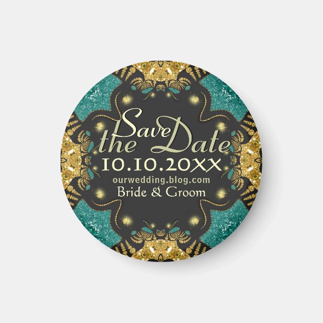 Gold Teal Black Funky Tribal Save the Date Magnet (Front)