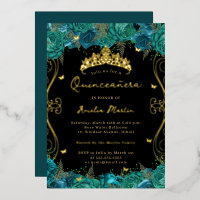 Gold Teal Black Swirl Scroll Floral Quinceanera