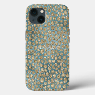 Gold Teal Blue Green Glitzy Leopard Print iPhone 13 Case
