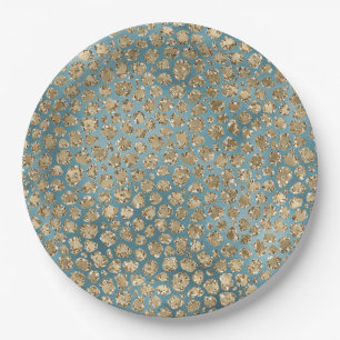 Gold Teal Blue Green Glitzy Leopard Print  Paper Plate