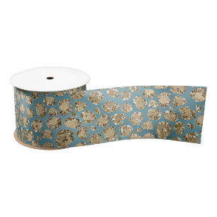 Gold Teal Blue Green Glitzy Leopard Print   Satin Ribbon
