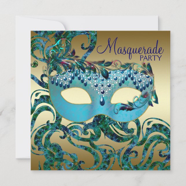 Gold Teal Blue Masquerade Party Invitations (Front)