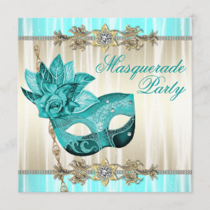 Gold Teal Blue Masquerade Party Invitations