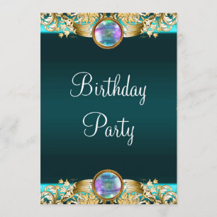Gold Teal Blue Womans Birthday Party Invitation