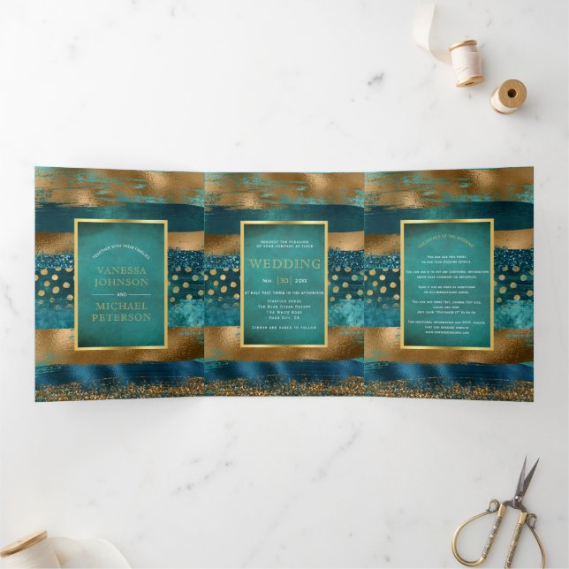 Gold, teal brush strokes, confetti wedding program Tri-Fold invitation (Inside)