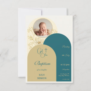 Gold teal christening Baptism RSVP Card