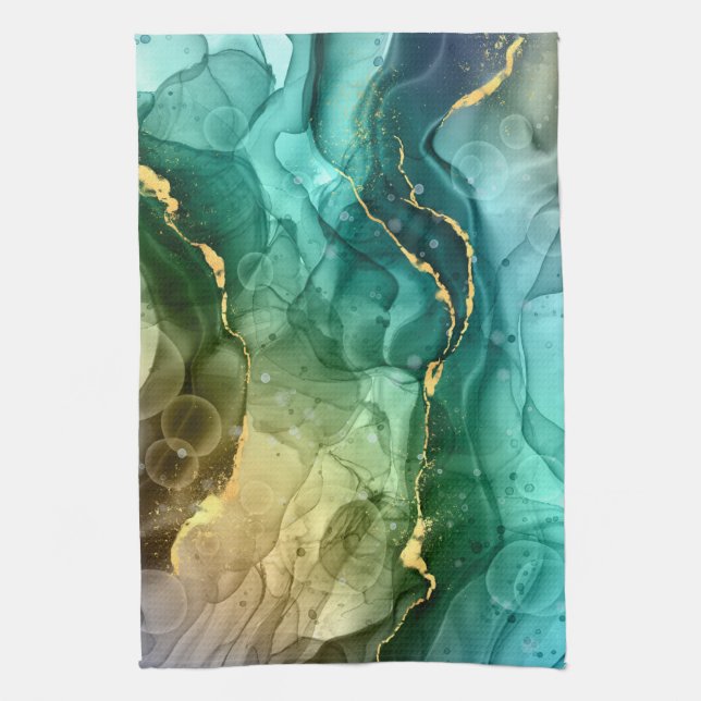 Gold, Teal & Dark Grey Liquid Ink Tea Towel (Vertical)