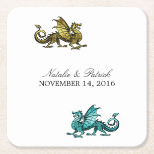 Gold Teal Dragon Wedding Paper Coasters