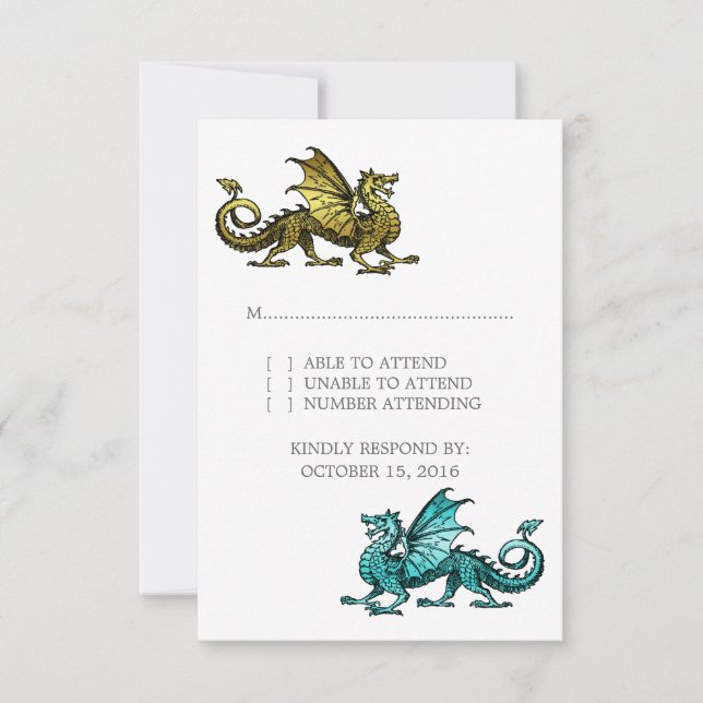 Gold Teal Dragon Wedding Response Card (Front)