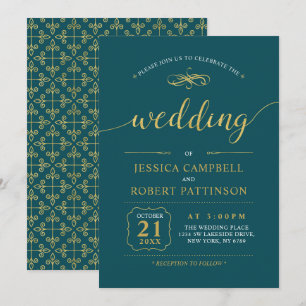 Gold & Teal   Elegant Classic Wedding Ceremony Invitation