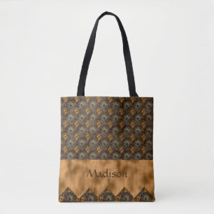 Gold Teal Elegant Peacock Pretty Name Personalised Tote Bag
