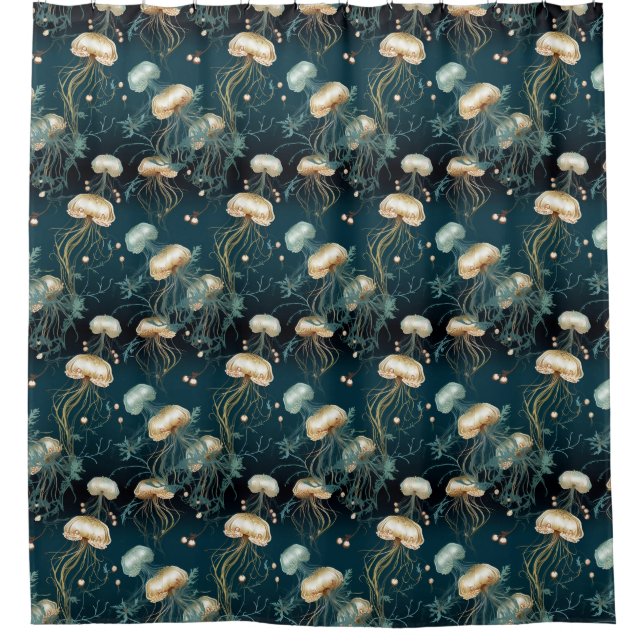Gold & Teal Ethereal Jellyfish  Shower Curtain (Front)
