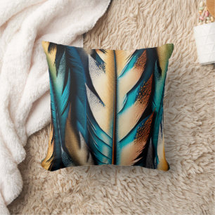 Gold & Teal Feather Art Cushion
