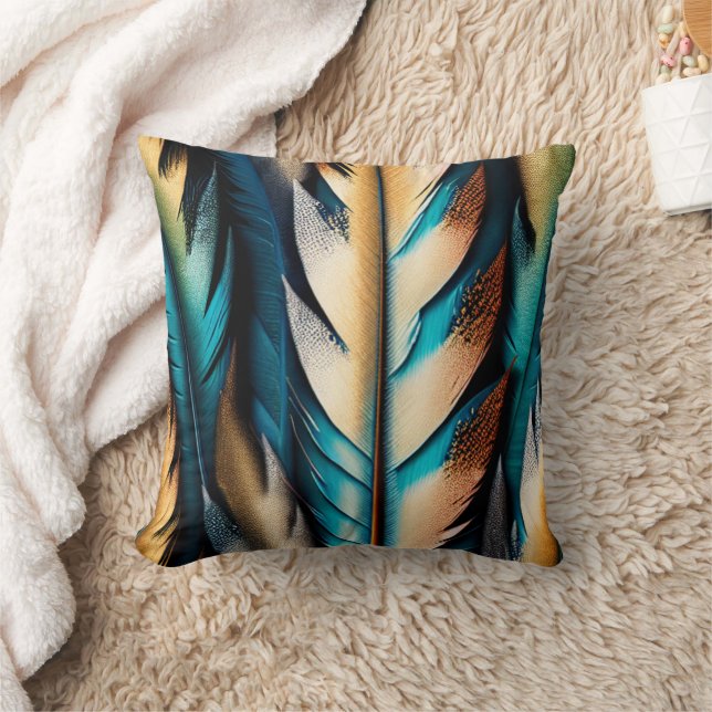 Gold & Teal Feather Art Cushion (Blanket)