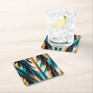 Gold & Teal Feather Art Square Paper Coaster
