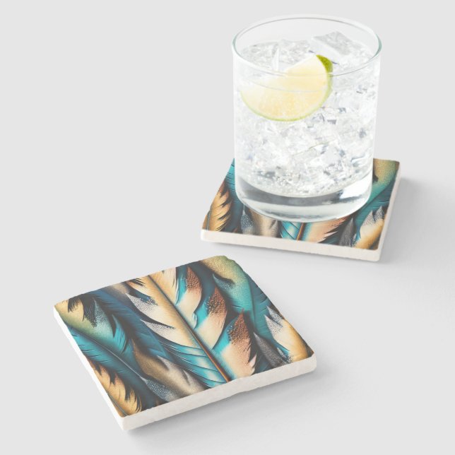Gold & Teal Feather Art Stone Coaster (Side)