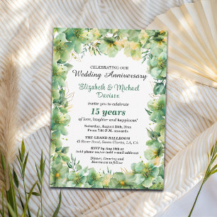 Gold Teal Floral 15th Wedding Anniversary Invitation