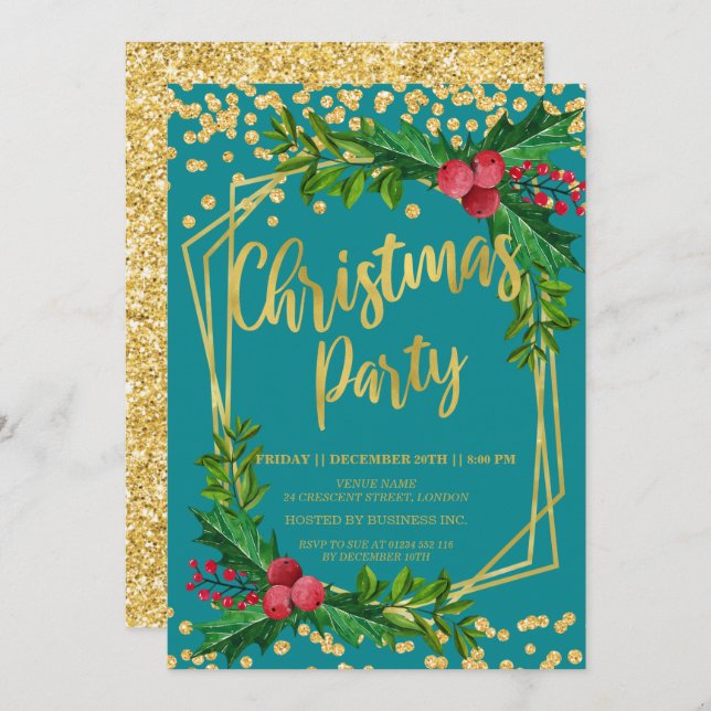 Gold Teal Floral Holly Glitter Christmas Corporate Invitation (Front/Back)