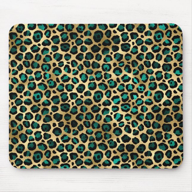 Gold & Teal Glam Leopard Print Mouse Pad (Front)