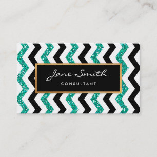 Gold, Teal Glitter, Black & White Chevron Pattern Business Card