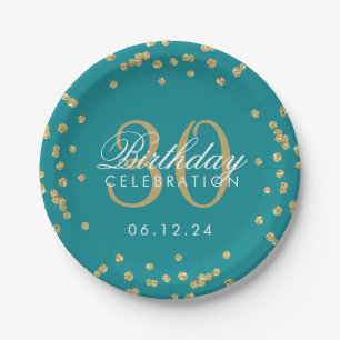 Gold Teal Glitter Confetti 30th Birthday Paper Plate