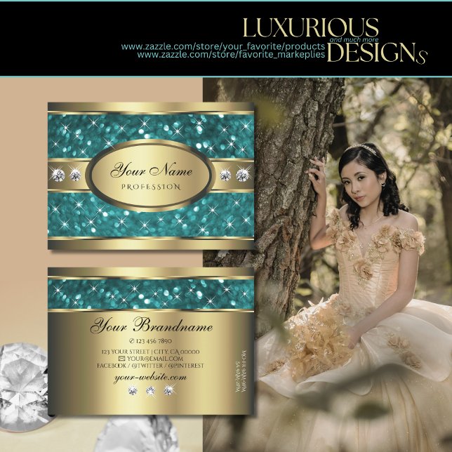 Gold Teal Glitter Luminous Stars Diamonds Quality  Business Card (Creator Uploaded)