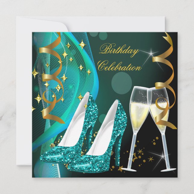 Gold Teal Glitter Shoes Champagne Birthday Party Invitation (Front)