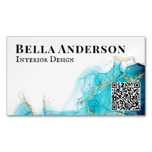 Gold Teal Ink Minimalist Custom QR Code Magnetic Business Card