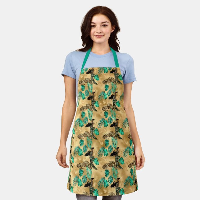 Gold, teal leopard, lady, tropical leaves pattern apron (Worn)