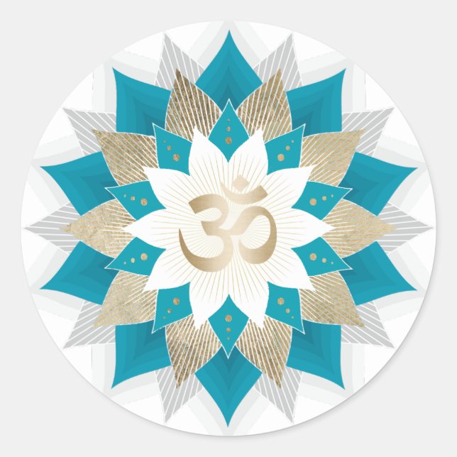 Gold & Teal Lotus Floral Namaste Yoga Om Sign Classic Round Sticker (Front)