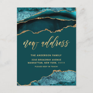 Gold Teal Marble New Address Moving Announcement Postcard