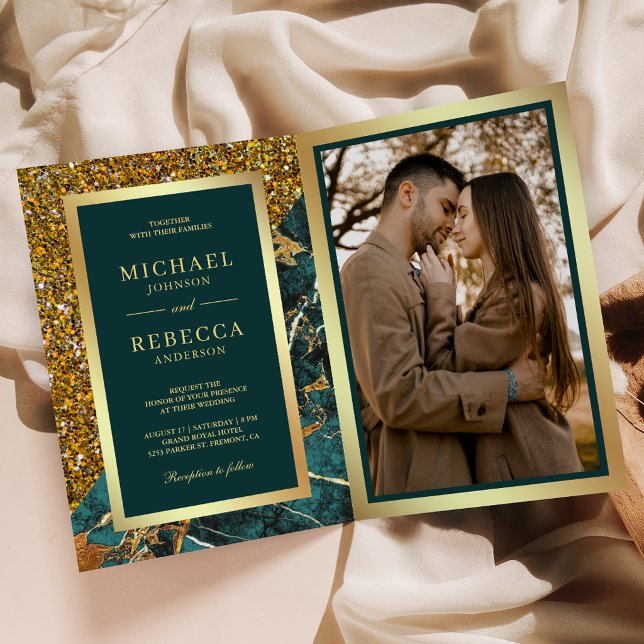 Gold Teal Marble Photo QR Code Wedding Invitation (Creator Uploaded)