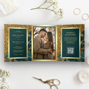 Gold Teal Marble Photo QR Code Wedding Tri-Fold Invitation