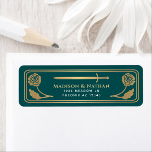 Gold Teal Mediaeval Fantasy Sword Wedding Label