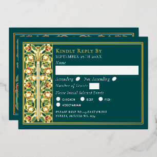 Gold Teal Mediaeval Floral Sword Wedding RSVP