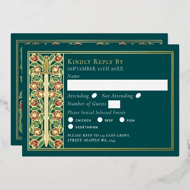 Gold Teal Mediaeval Floral Sword Wedding RSVP (Front/Back)