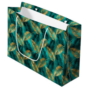 Gold Teal Palm Leaves Luxe Tropical Pattern Large Gift Bag