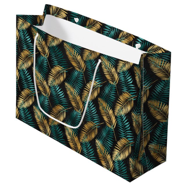 Gold Teal Palm Leaves | Luxe Tropical Pattern Large Gift Bag (Front Angled)