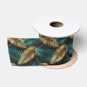 Gold Teal Palm Leaves Luxe Tropical Pattern Satin Ribbon