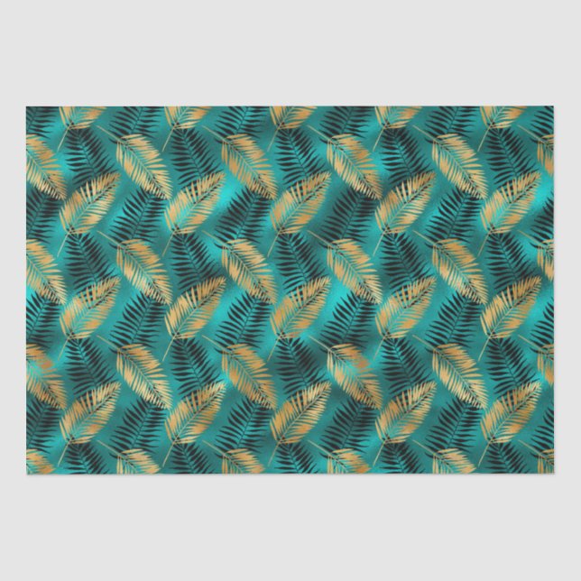 Gold Teal Palm Leaves | Luxe Tropical Pattern Tissue Paper (Front)